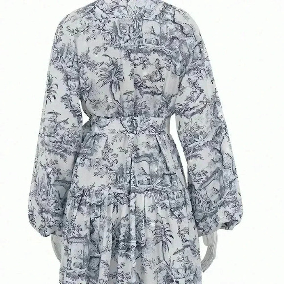 Grey Boho Women's & Elegant Random Print Long Sleeve Tie Waist Loose Dress - Picture 5 of 5